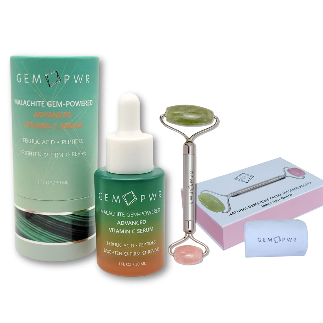 SPECIAL BUNDLE: Advanced Vitamin C Serum with Malachite Extract and Rose Quartz + Jade Face Roller Bundle