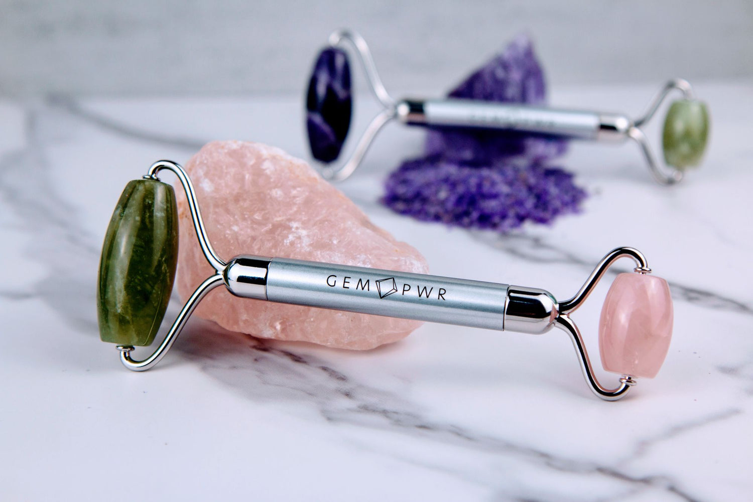 Jade + Rose Quartz Roller with Rose Quartz Crystal