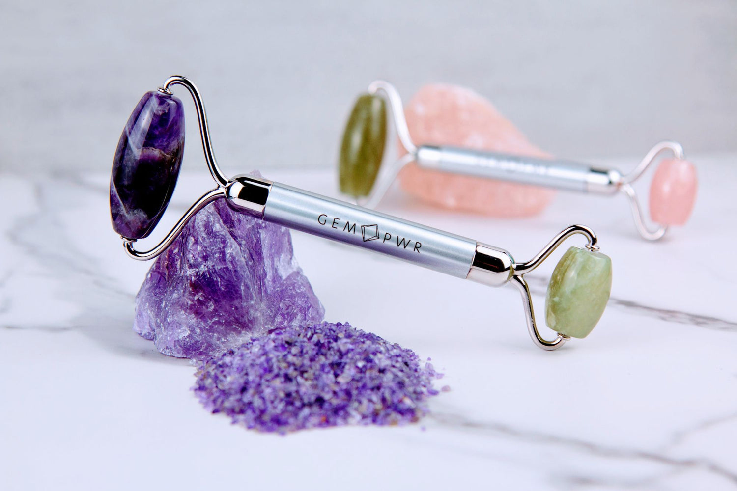 Amethyst + Jade Roller on an Amethyst Crystal