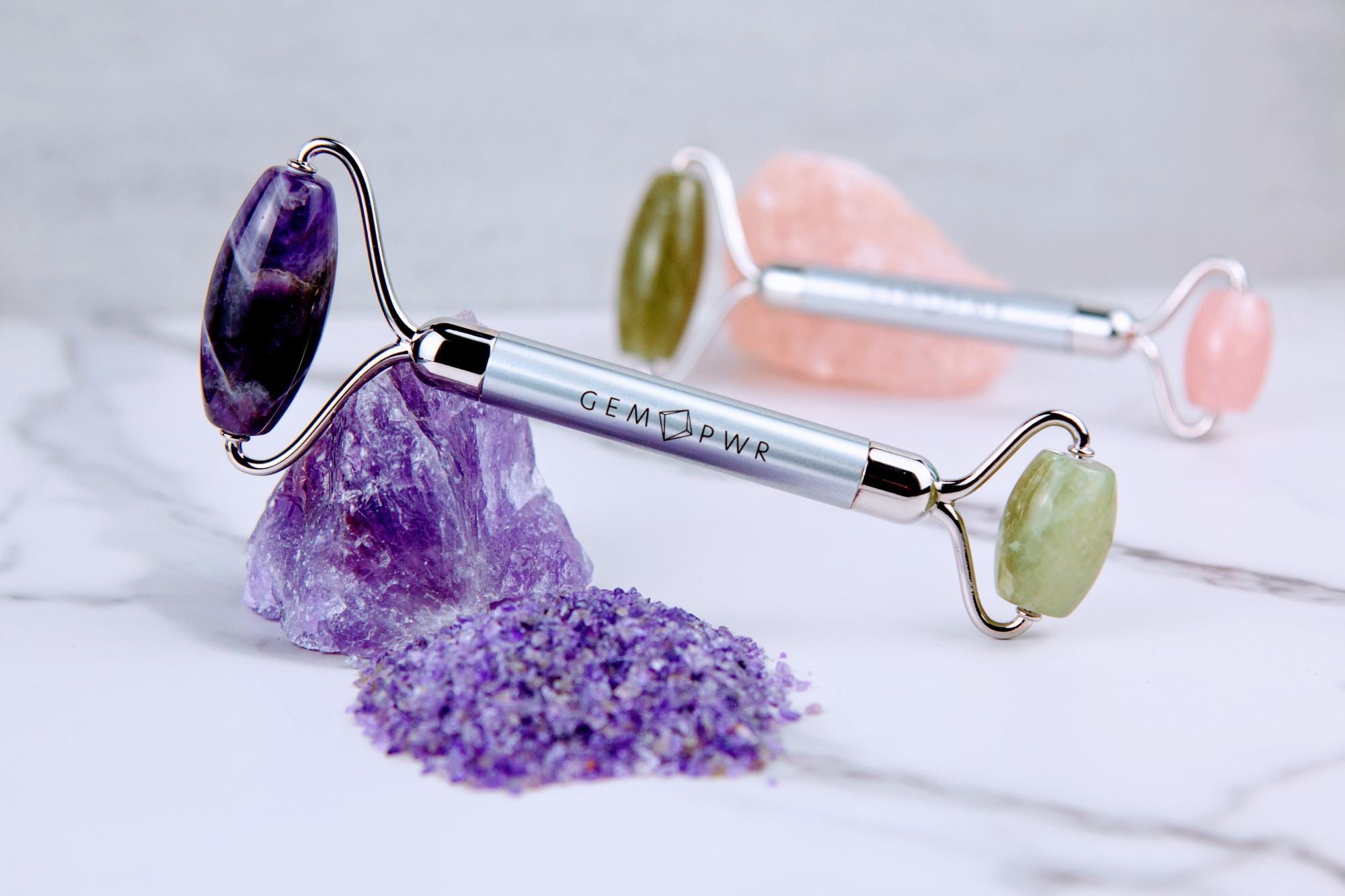 Amethyst + Jade Roller on an Amethyst Crystal