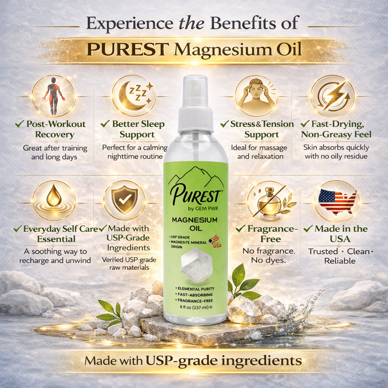 PUREST Magnesium Oil Spray, USP Grade, Topical Magnesium for Body &amp; Feet, Made in USA, 4 fl oz
