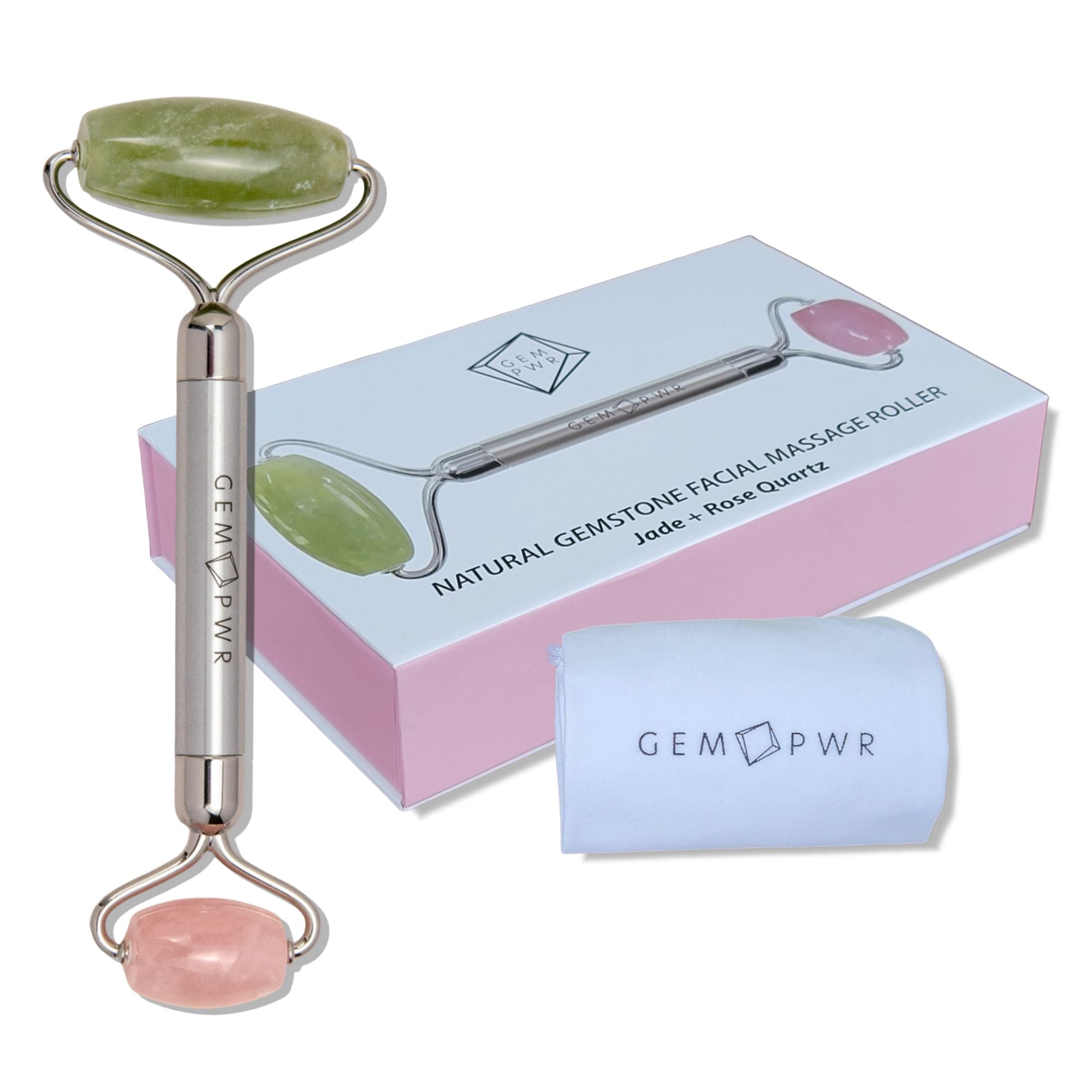 GEM PWR Jade + Rose Quartz Roller and PUREST Magnesium Oil Bundle