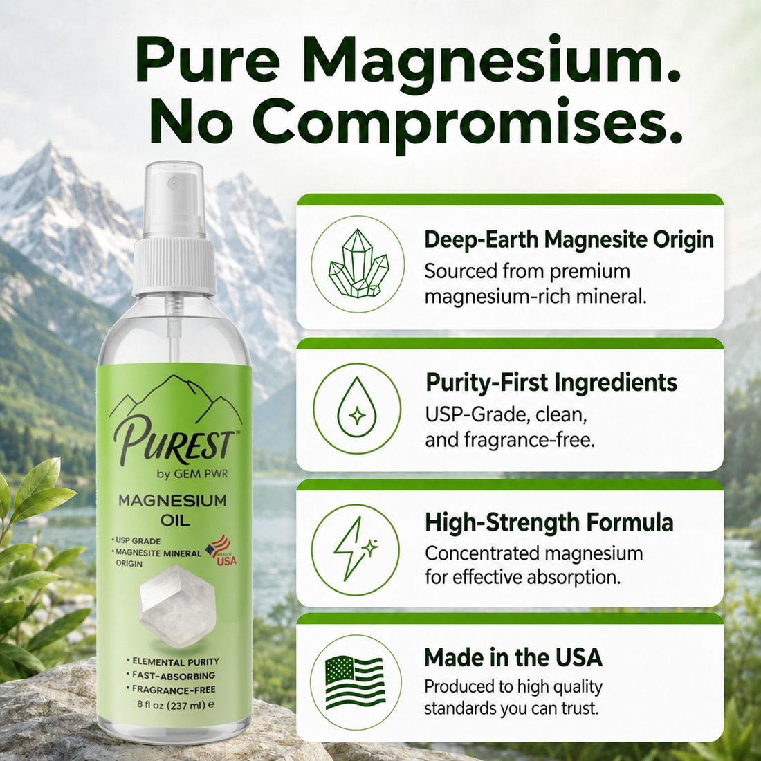 PUREST Magnesium Oil Spray, USP Grade, Topical Magnesium for Body &amp; Feet, Made in USA, 4 fl oz