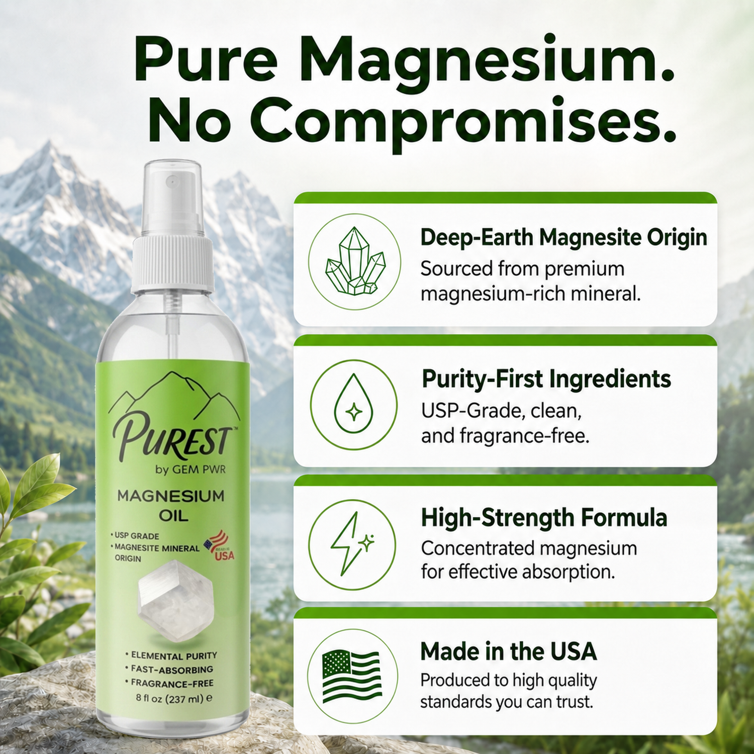 PUREST Magnesium Oil Spray, USP Grade, Topical Magnesium for Body &amp; Feet, Made in USA, 8 fl oz