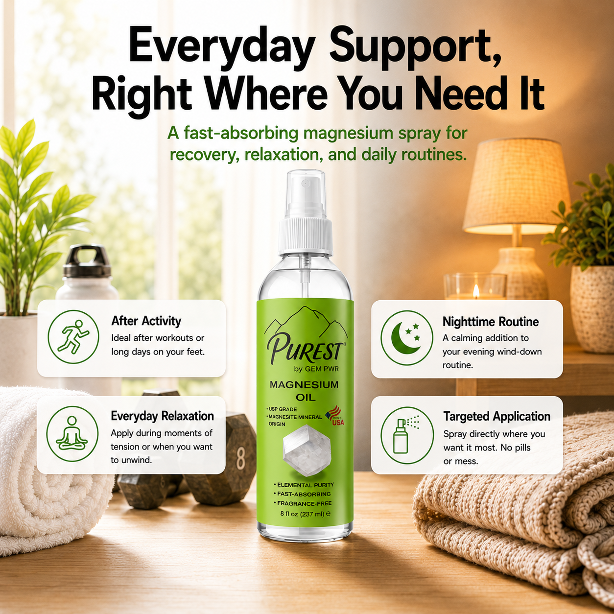 PUREST Magnesium Oil Spray, USP Grade, Topical Magnesium for Body &amp; Feet, Made in USA, 8 fl oz