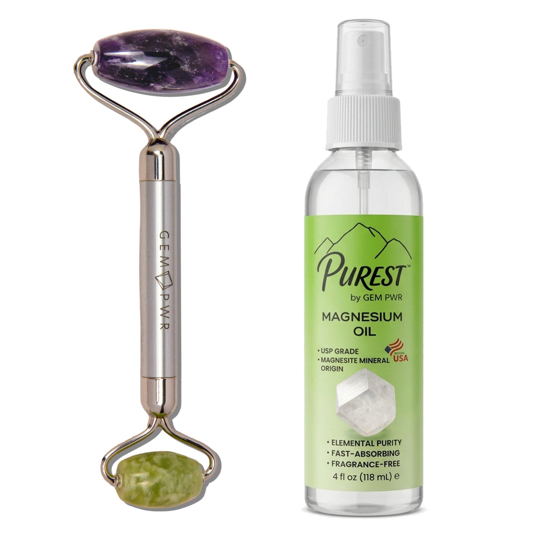 Wellness Recovery Bundle – Amethyst + Jade Roller &amp; PUREST Magnesium Oil 4 fl oz