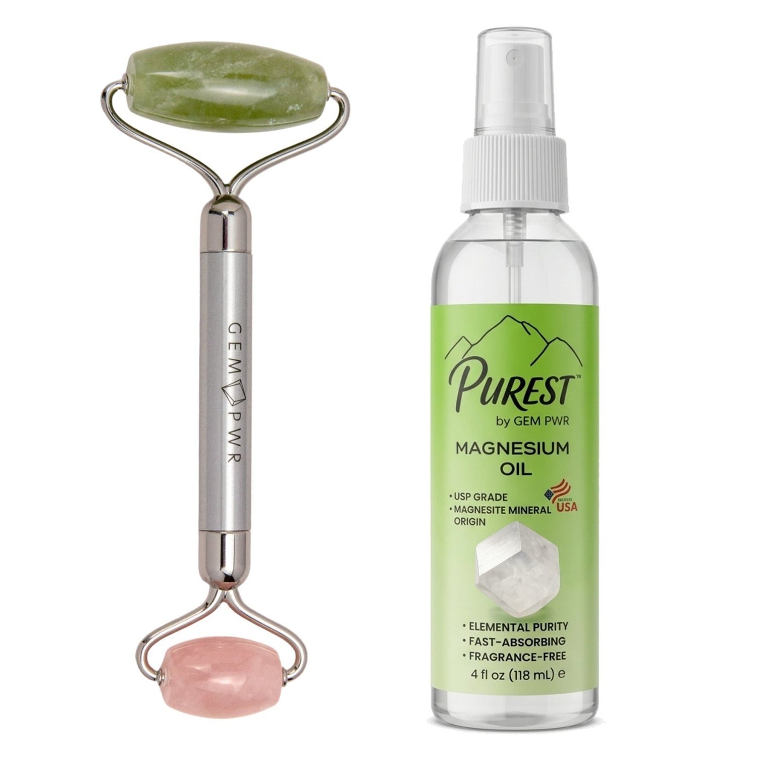 Wellness Recovery Bundle – Jade + Rose Quartz Roller &amp; PUREST Magnesium Oil 4 fl oz
